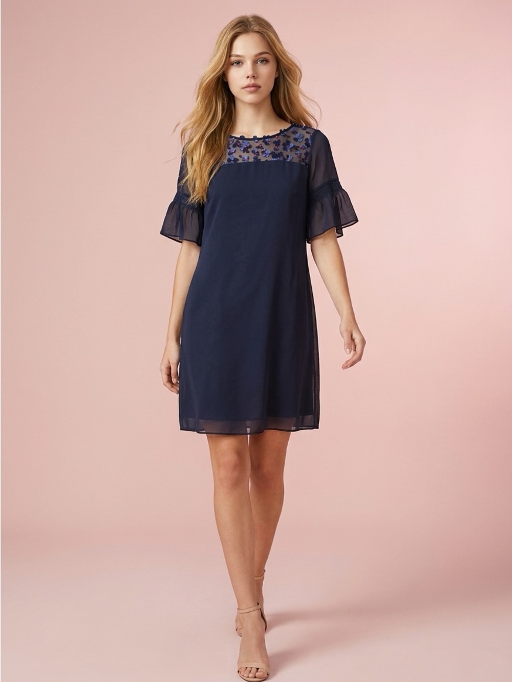 Karl Lagerfeld Navy Embroidered Yoke Mini Dress